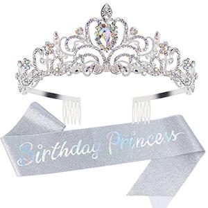 Princess Crown, Happy Birthday Tiara, Girl Sash for Women, Cake Popper, Birthday Party Decorations for Women, Headband Accessories