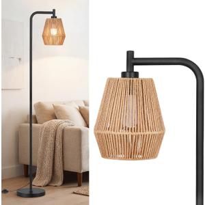 Rattan Floor Lamps for Living Room,Boho Floor Lamp with 3 Color Temperatures,Farmhouse Standing lamp with Hand-Worked Wicker shade,Black tall light for Bedroom,Office,Corner(9W LED Bulb Included), 5"D x 10"W x 65"H
