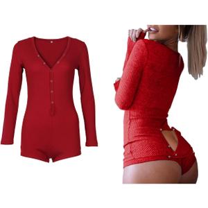 Roselux Women's Sexy Deep V Neck Shorts Long Sleeve Knitted One Piece Bodysuit Sexy Pajama Onesie Bodycon Rompers Overall (Medium, F-back Flap-wine Red2)