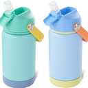 12oz Kids Water Bottle 2 Pack, Stainless Steel Insulated Water Bottle For Kids, Toddler Cup With Straws Leak-proof, Kids Water Bottles For School Boys Girls, BPA Free, Twilight Green+Sky 2-piece set