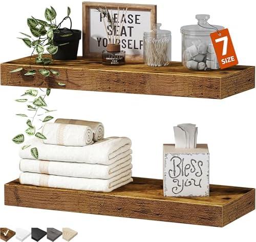 QEEIG Bathroom Floating Shelves for Wall - 15.7" Wall Mounted Shelf Over Toilet Farmhouse Home Decor Display Bookshelf Small 15.7 x 6.7 inch Set of 2, Rustic Brown