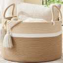 KAKAMAY Large Blanket Basket (20"x13"),Woven Baskets for storage Baby Laundry Hamper, Cotton Rope Blanket Basket for Living Room, Laundry, Nursery, Pillows, Baby Toy chest (White and Brown)