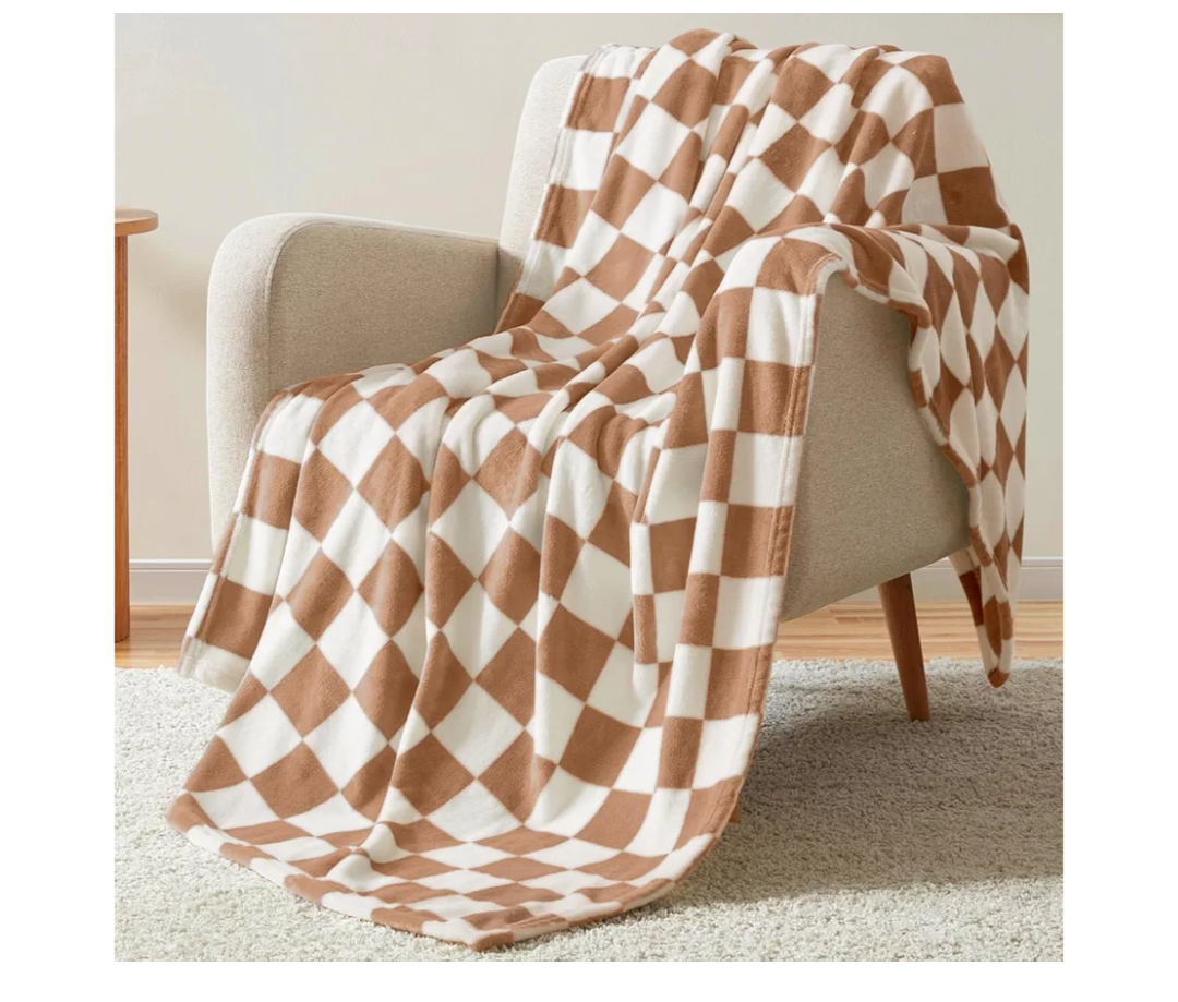 Homelike Moment Checkered Blanket Twin Size, Brown Checkerboard Grid Soft Fluffy Fleece Twin Blanket, Fuzzy Cozy Plush for Couch, Comfy Warm Lightweight for Bed (Khaki Cream,60x80'')