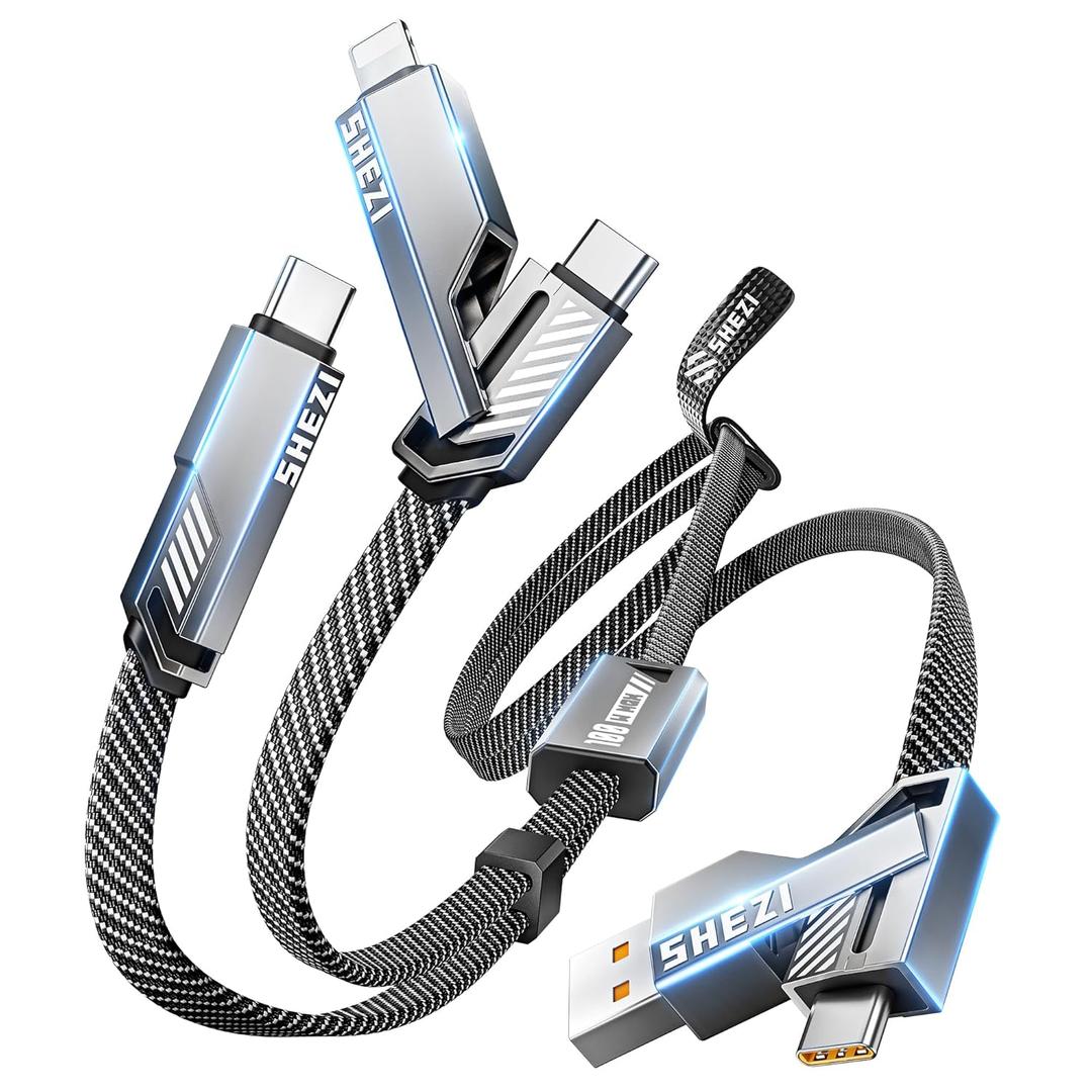 SHEZI Upgraded 6 in 1 Multi Charging Cable, 100W USB C to Lightning Cable [1G File Done in 20s] Fast Charging for iPhone/iPad, Flat Braided Multiple Charger Cord Combo L/Type C/USB A-5FT
