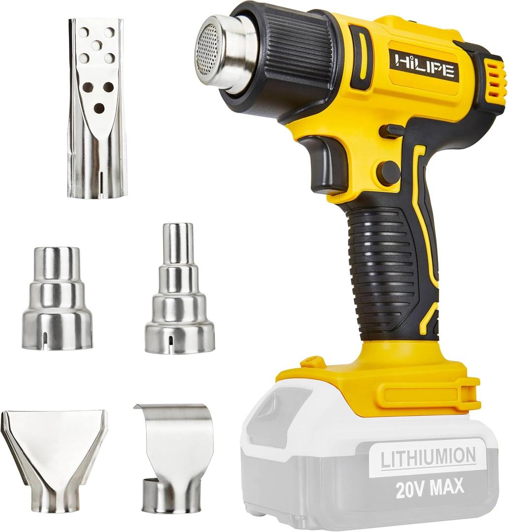 Cordless Heat Gun for DeWALT 20v Battery,Lithium Hot Air Gun, 5 Nozzle Attachments,2-Temp Setting Max 1022F(550C),Heat Gun for Shrink Wrapping, Tube Bending (Tool Only, NO Battery) (Ordinary)