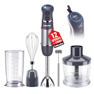 Mueller Multistick 5-in-1 Immersion Blender Handheld,12 Speed Hand Mixer-Turbo Boost,Heaviest Duty Copper Motor,Titanium reinforced Blades Hand Blender,Milk Frother Wand,Whisk,Beaker,Chopper,Grey