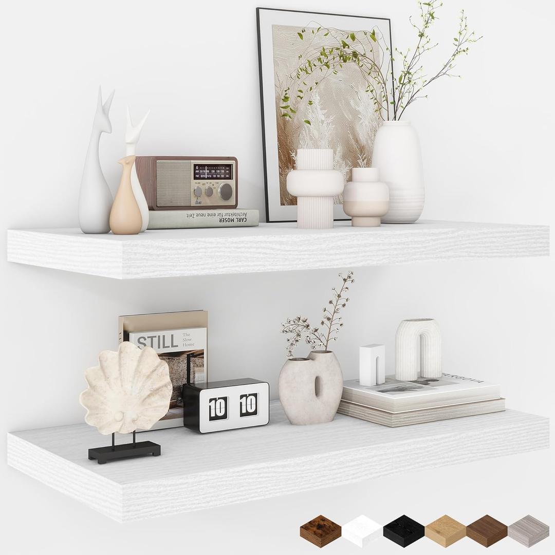 Fun Memories Floating Shelves - 2 Pack 12 Inch Deep Rustic Wooden Wall Shelves - Extra Deeper & Thicker Wall Mounted Storage Shelf for Living Room, Kitchen, Farmhouse - 24" W x 12" D x 1.5" H - White