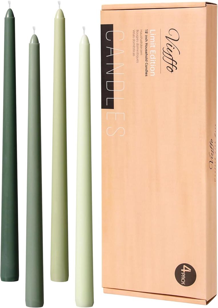 Viyffo 12 Inch Green Taper Candles Set of 4 Unscented Smokeless Long Tall Tapered Candles for Candlesticks Sticks Wedding Home Decor Dinner