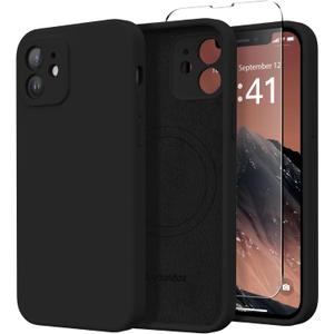 Magnetic for iPhone 12 Case, Compatible with MagSafe, [Full Camera Protection][Screen Protector] Silicone Shockproof Protective Phone Case for iPhone 12 6.1", Black