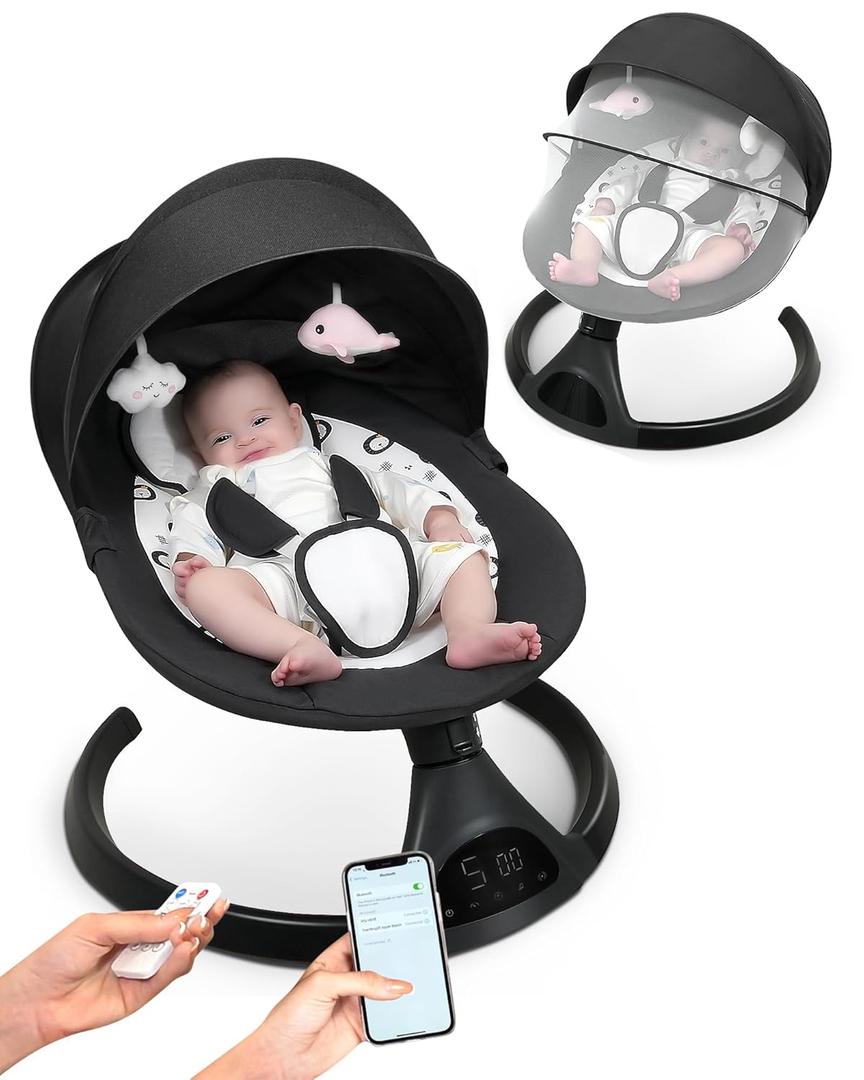 Electric Baby Swing for Infants to Toddler Portable Babies Swing Timing Function 5 Swing Speeds Bluetooth Touch Screen Music Speaker with 10 Preset Lullabies 5-Point Carabiner