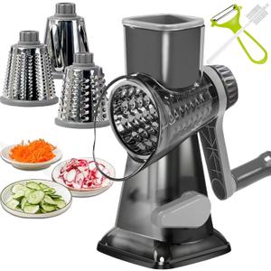 Cheese Grater Rotary Cheese Grater,Versatile Cheese Shredder,Blades for Shredding, Grating, Slicing,Cheese Shredder with Suction Base and Cleaning Brush Kitchen Gift (gray)