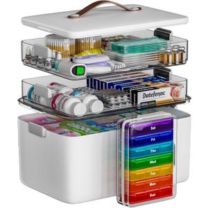 CTIME 3-Tier Medicine Organizer with Pill Case - Portable Pill Case & Empty First Aid Kit for Home, Travel, RV, School, Dorm, Ideal Elderly, Father Gift