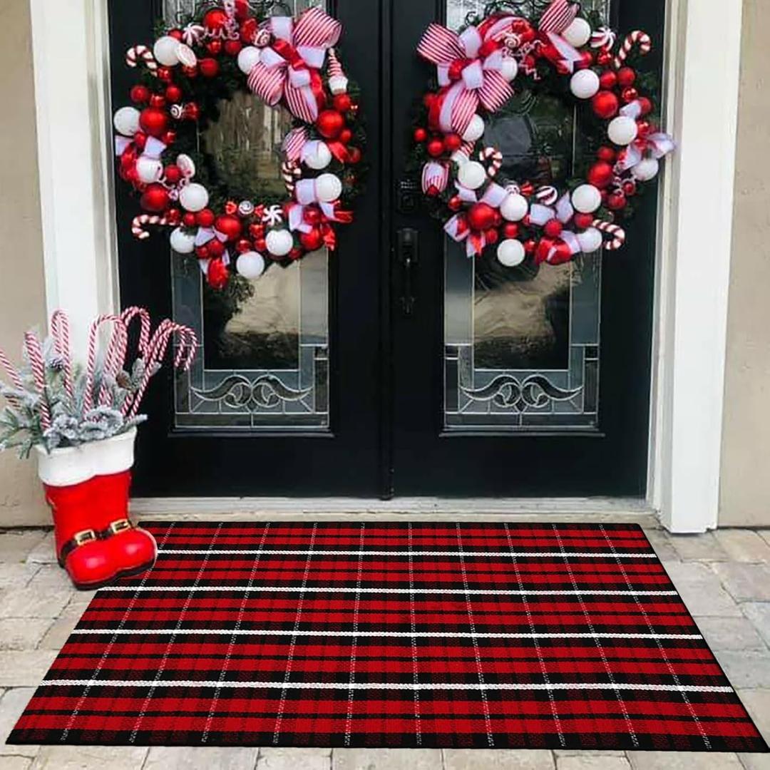 Buffalo Plaid Outdoor Rug, 3' x 5' Christmas Red & Black Check Indoor/Outdoor Area Rug, Layering Rug for Hello/Welcome Door Mat, Machine Washable Cotton Woven Farmhouse Mat for Front Porch Dcor