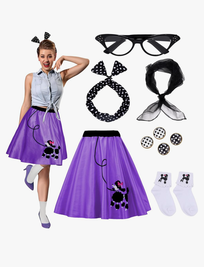 Ibeauti 50s Costumes for Women Girls 1950s Poodle Skirt Accessories Set with Cat Eye Glasses Scarf Bandana Tie Headband Socks, Size -S