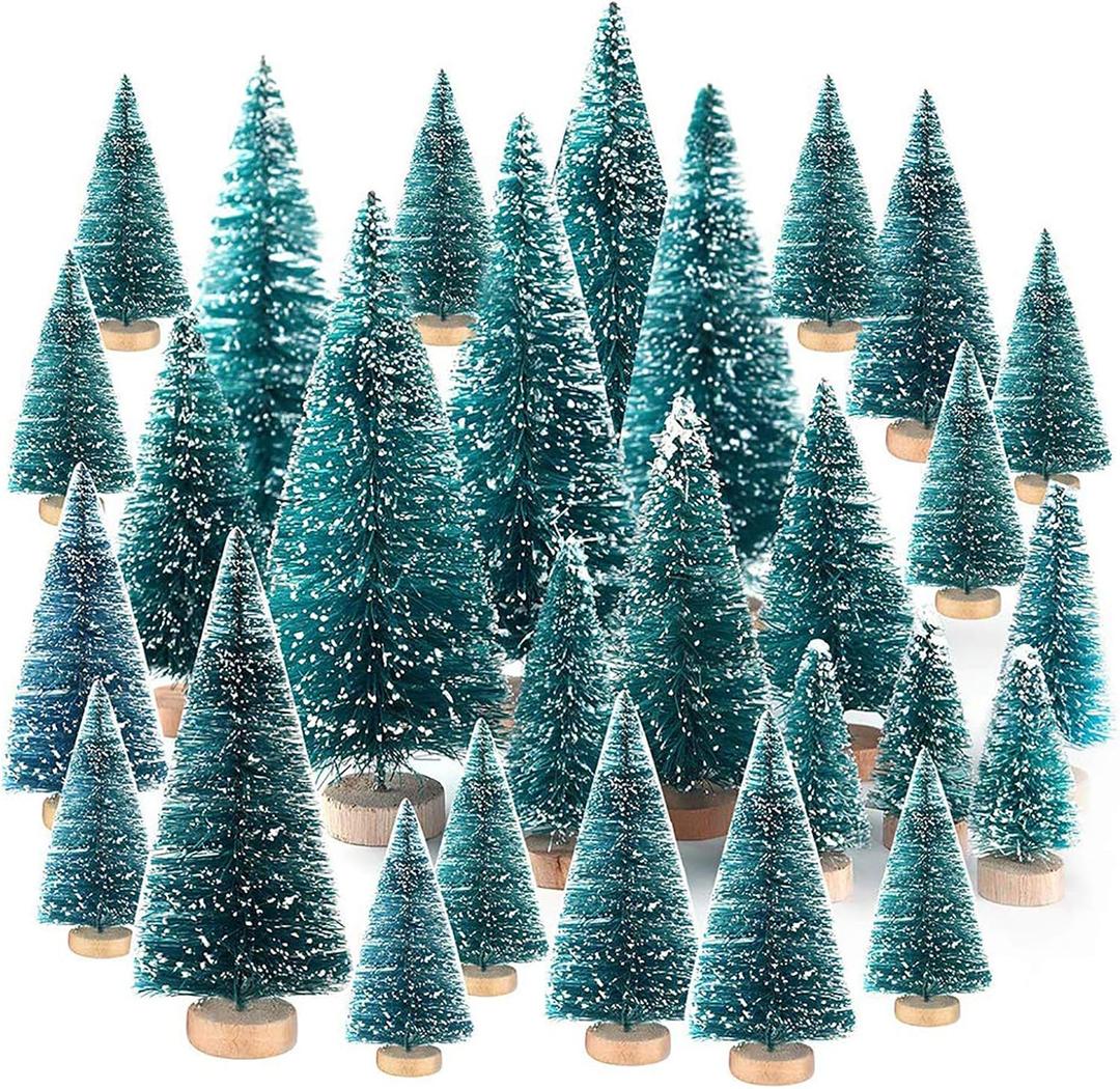 wonuu Artificial Mini Sisal Christmas Trees Snow Frost with Wooden Bases for Home Party Decoration Ornament DIY Craft (Blue-Green, Mixed 30 pcs)