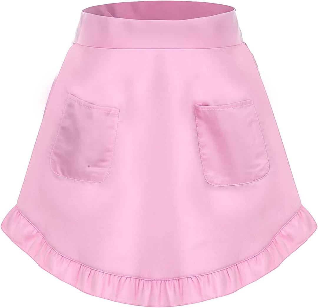 Vintage Ruffle French Maid Kitchen Costume, Women's Waist Apron with 2 Pockets, Kitchen Cooking Waitress Maid Apron, Cute Vintage Pinafore for Restaurant Kitchens Coffee Shop