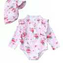 SUNNY PIGGY Baby Girl Swimsuit Long Sleeve One Piece Ruffle Zipper Bathing Suit Guard Rash for Toddler Girls Summer Swimwear with Hat Flamingo-Pink, Size 18-24M
