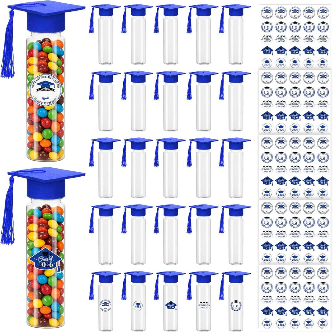 25 Pcs 2026 Graduation Candy Tubes Blue - Grad Cap Jars with Tassels & Stickers, Bulk Plastic Containers for DIY Graduation Party Favors, Table Decorations Gifts for Students