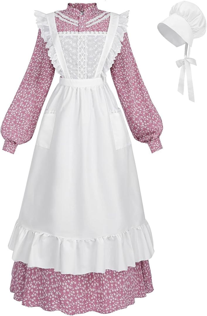 FCCAM Pioneer Colonial Costume for Women Floral Prairie Dress American Historical Modest Civil War Dress (X-Large, Pink)