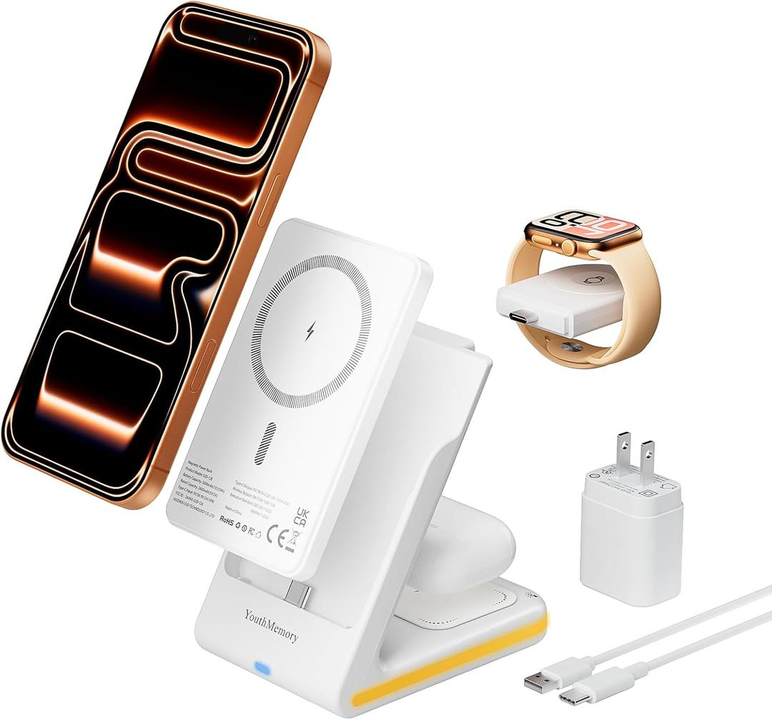 Wireless Charger 5 in 1 Magnetic Charging Station Stand with Portable Power Bank for Apple/Samsung Multiple Devices for Apple Watch 10-2,iPhone 16 15-12 Pro Max/Samsung Galaxy S25 Ultra S24-S8