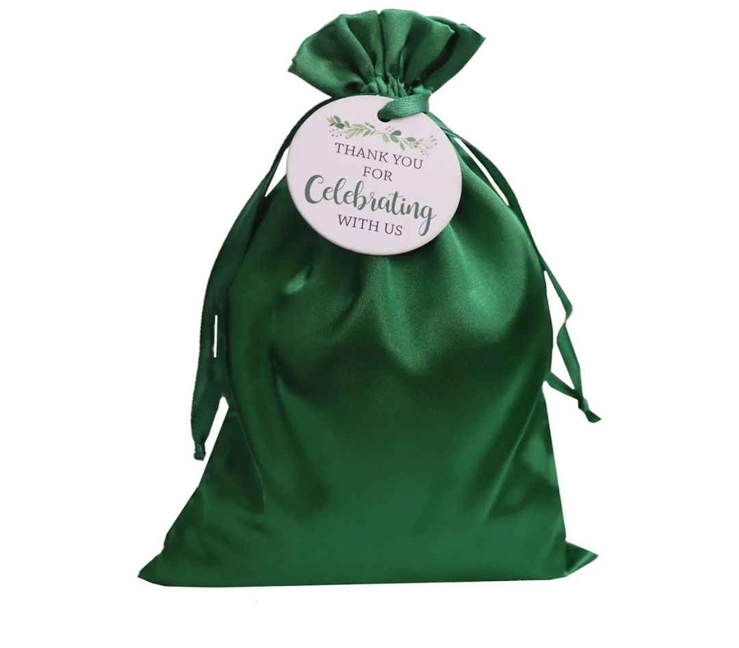 GUIFIER 30 Pack 5x7 Inch Satin Gift Bags Green Drawstring Bag with Tags, Baby Shower Bags, Silk Jewelry Pouches, Wedding, Graduation Favor Bags, Small Candy Bags, Reusable Fabric Gift Bags