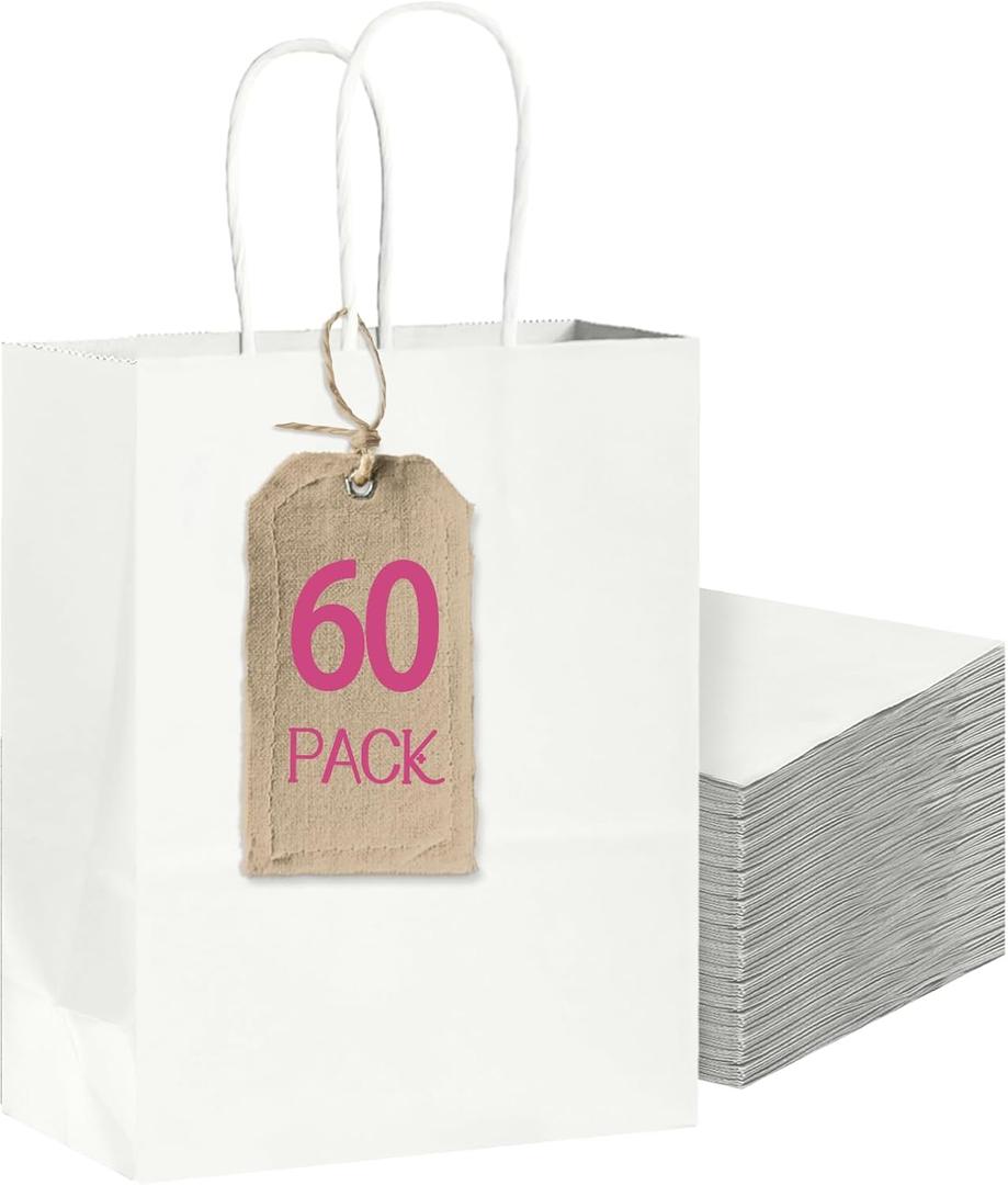 Bakepacker 60-Pack Medium Size Gift Paper Bags with Handles Bulk 10.6"x8.3"x4.3" White Party Shopping Bags