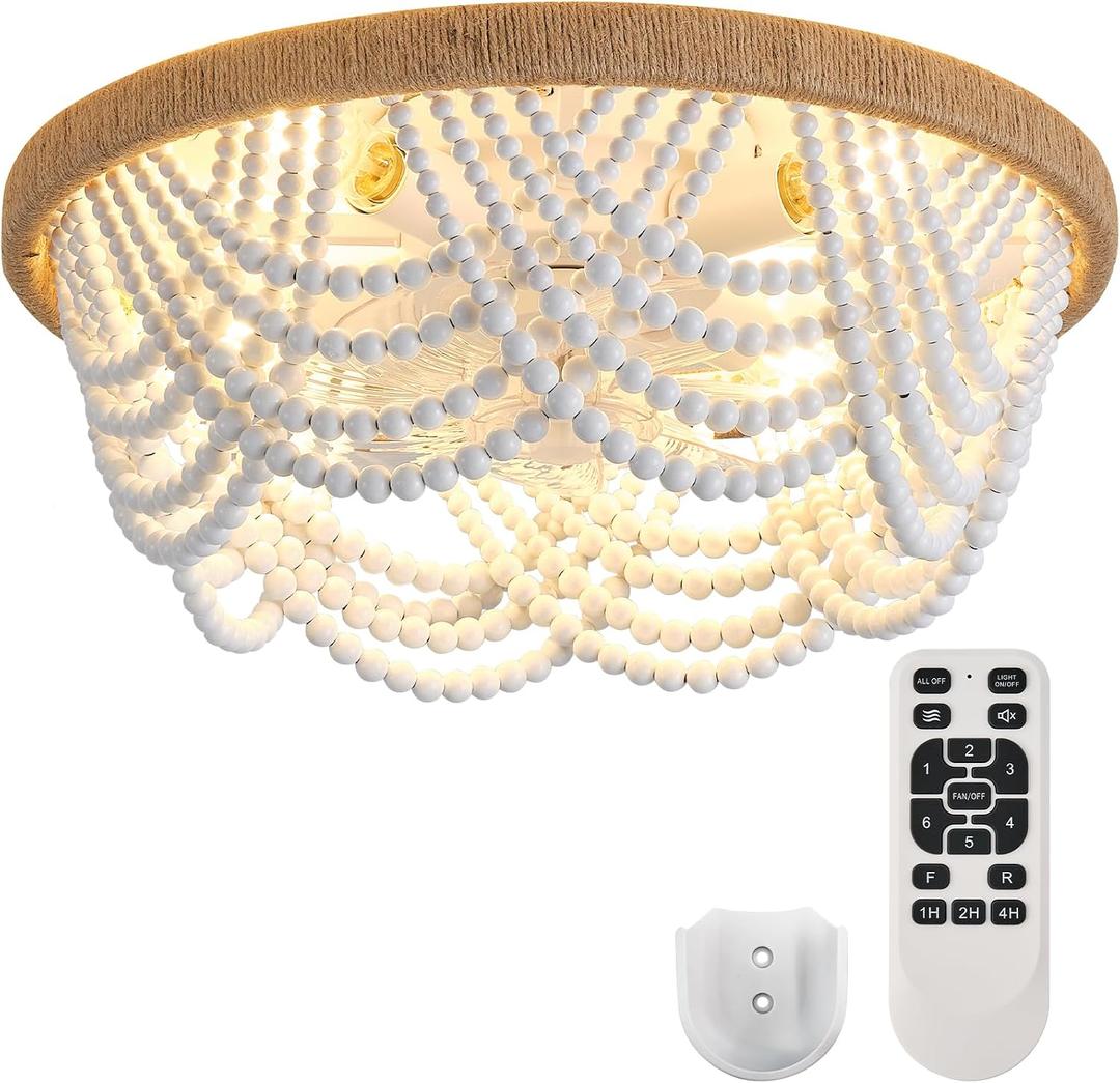 Ceiling Fans with Lights and Remote - Bulbs Included, Caged Fandelier with Handcrafted Beaded Dcor 19 inches Reversible Flush Mount Installation Ceiling Fan, White, 19.2