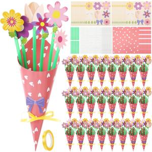 Motipuns 24 Sets Mother's Day DIY Paper Flower Bouquet Craft Kit Bulk for Kids Make Your Own Flower Bouquet DIY Craft School Classroom Teacher Gift Appreciation Gifts (Stylish Color,Daisy)