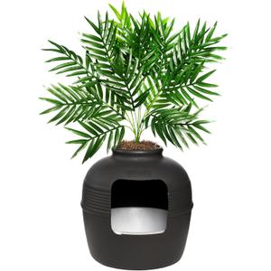 Good Pet Stuff Hidden Litter Box Planter, Decorative Cat Litter Enclosure with Carbon Filter, Artificial Plant, Easy Clean, Indoor Design, Original Round Style, Essentials Kit, Black Suede