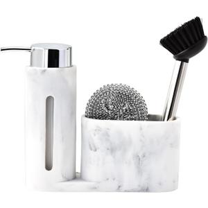 Soap Dispenser with Sponge Holder, Kitchen Soap Dispenser Pump, Sponge Caddy and Brush Holder 3 in 1 Set Organizer for Sink Countertop, Rustproof, White