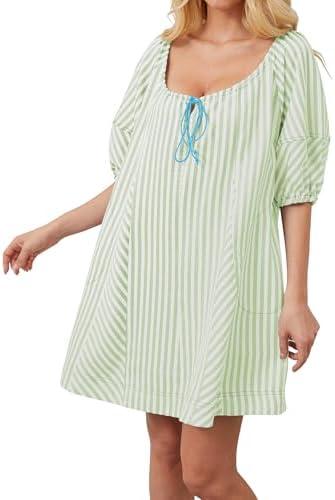RONGCAT Women Striped Summer Dress with Pockets Casual Loose Puff Sleeve Mini Dress Adjustable V Neck Oversized Sundress, M