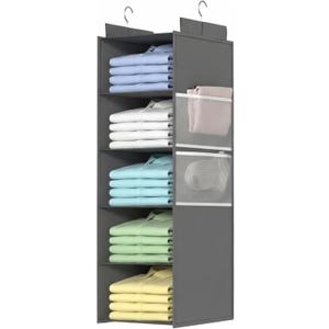Deep Hanging Closet Organizers and Storage, Closet Hanging Storage Shelves with 5 Shelves and 4 Mesh Pockets, Heavy-Duty Closet Organizer for Clothes, Hats, and RVs and Dorm Essential,1-Pack, Grey