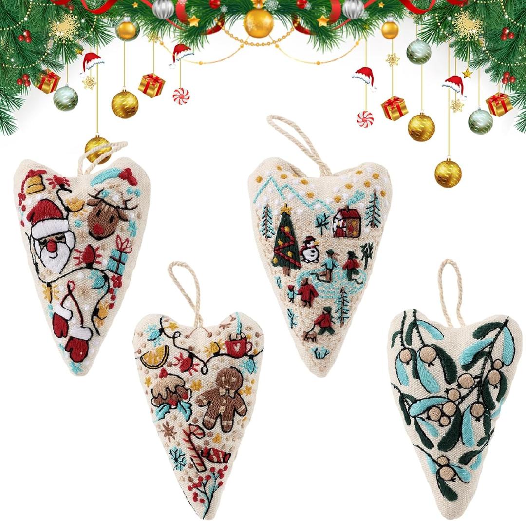 4Pcs Christmas Embroidery Kits, New DIY Heart Shaped Hand Embroidered Christmas Ornament Kit, Christma Cross Stitch Kits for Beginners, Fun Holiday Ornament Gift Set With Hoop,Thread & Needles