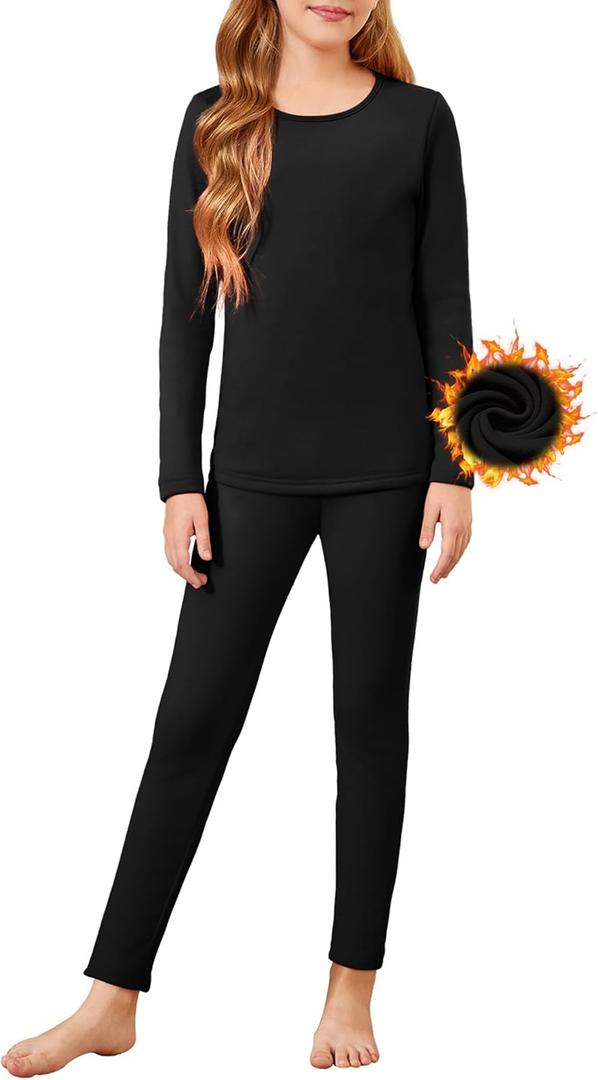 Arshiner Girls Thermal Underwear Set Long Johns Cold Weather Kids Base Layer Top Bottom (9-10 Years, Black) 140