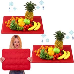 Novabright 2 Pcs Reusable Freezable Ice Mat 19.69 15.75 Inch Square Ice Pad for Buffet Table Chilled Serving Tray Party for Refrigerating Cooked Food Cheese(Red)