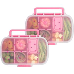 Paris Hilton 2-Pack Bento Style Snack Boxes, 7-Compartment Lunch Containers with Built-In Phone Stand, Removable Dividers and Dip Containers, Pink Heart Print