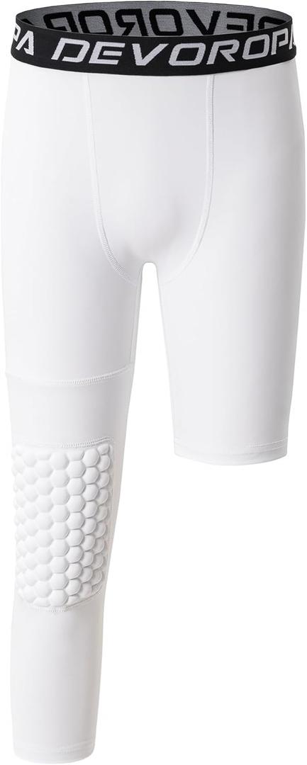 DEVOROPA Youth Boys' Compression Pants with Knee Pads 3/4 Basketball Athletic Tights Quick Dry Sports Workout Leggings (Small, White(right Long))