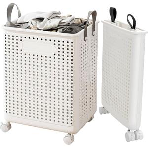 55L Collapsible Large Laundry Hamper, laundry basket plastic,Laundry Basket with Wheels,Suitable for Bathroom, Bedroom, Dorm Room & Laundry Room,Basket with Handle (White)