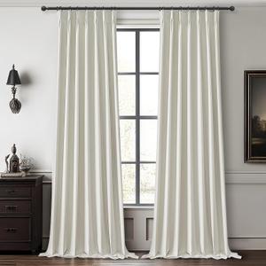 Elegant Curtains for Living Room 102 Inch Long, Linen Pinch Pleated 100% Blackout Viral Window Curtains with Hooks for Bedroom Thermal Pleated Drapes for Nursery Beige White(40" Wx102 Lx2 Panels) (Lightbirch)