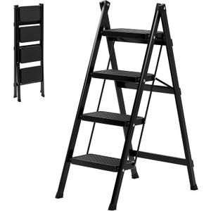 Walbest 4 Step Ladder, Folding Step Stool, Multi-Purpose Collapsible Ladder for Home or RV Outdoor Work, Heavy Duty 330 lbs Load Bearing Black