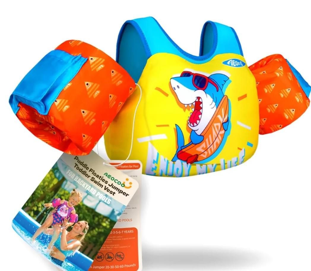 AEOCOO Puddle Float Jumper 20-30-50-60-70 Pounds, Toddler Swim Vest for 1-3-5-6-9 Years Old, Pool Floats with Swimming Arm Floaties Swim Jacket & Water Wings for Kids Swimmies, Boys, Girls, Niños