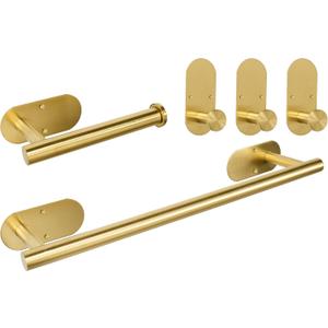 TocTen 5 Pieces Wall Mounted or Self Adhesive Towel Bar Set, Stainless Steel Bathroom Hardware Set Include 16 Towel Rack, Toilet Paper Holder, 3 Towel Hook, Sticky Bathroom Accessory Kit (Gold)
