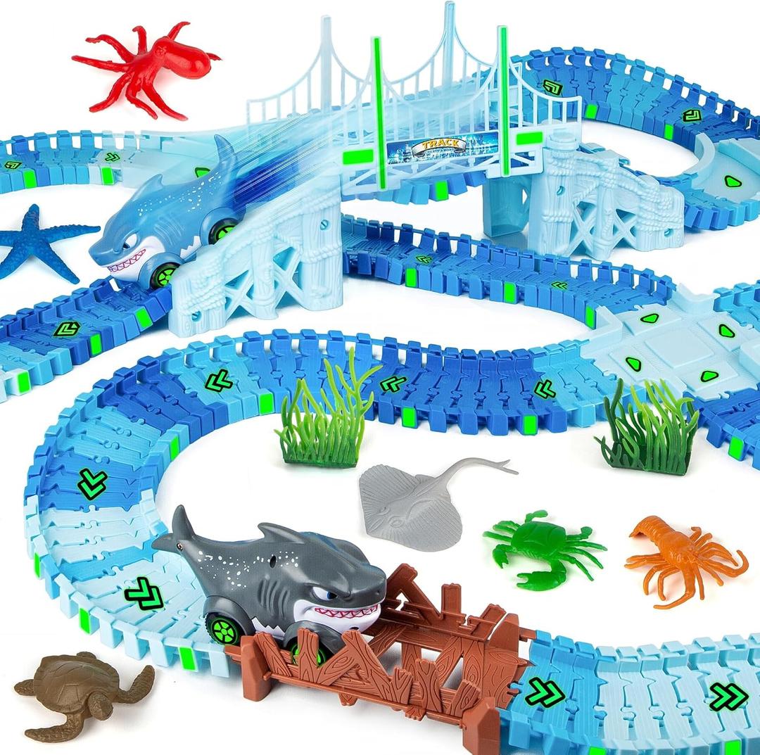 Coroiesty 264 PCS Shark Race Tracks for Kids Toys, Glow in The Dark Magic Toy Set, 2 Shark Cars Track, Flexible DIY Track Set, Birthday Gift for Age 3-9 Boys Toddler Girls