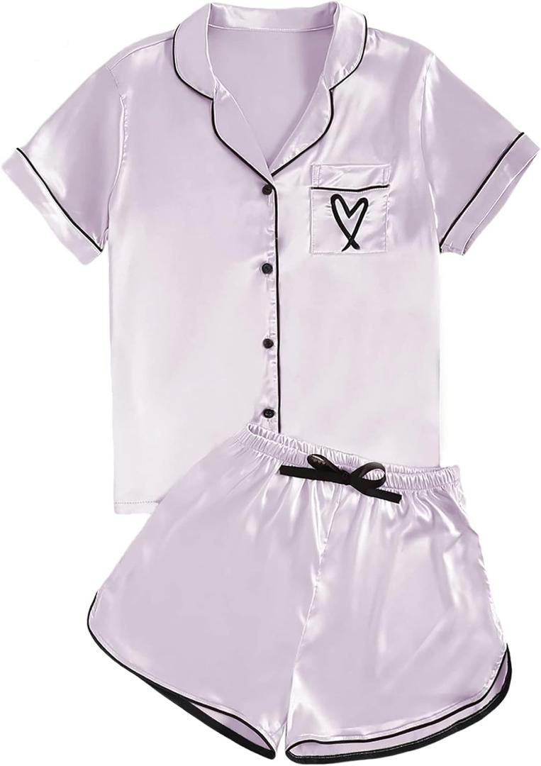 Rooscier Women's Satin Pajamas Set V Neck Short Sleeve Shirt With Shorts Sleepwear (Large, Light Purple)