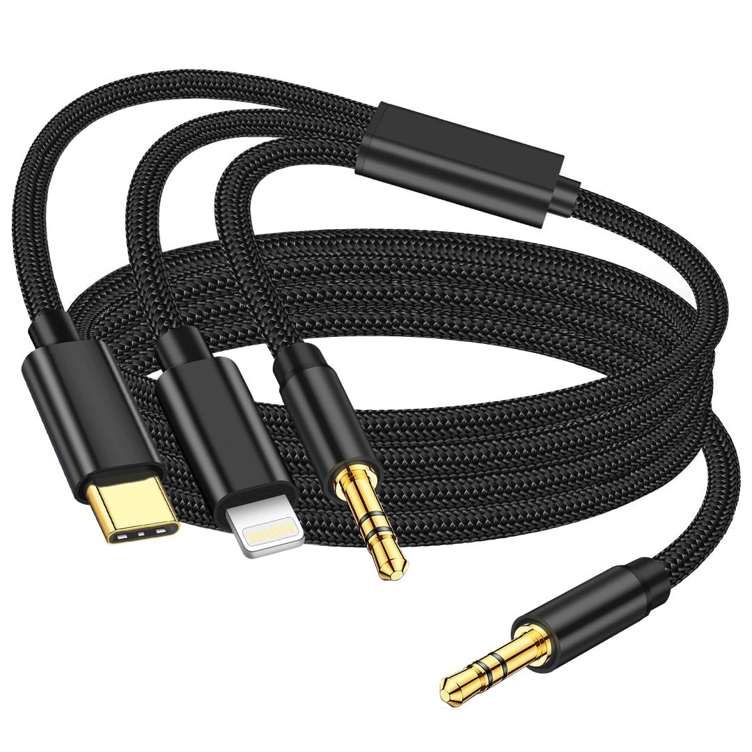 3 in 1 Aux Audio Cord for iPhone [Apple Mfi Certified], USB C to 3.5mm Aux, Lightning to 3.5mm Aux Cable Fit with iPhone 16 15 14 13 12, Pixel 9 8 7, Galaxy S24 S23, iPad/MacBook Pro to Car Stereo