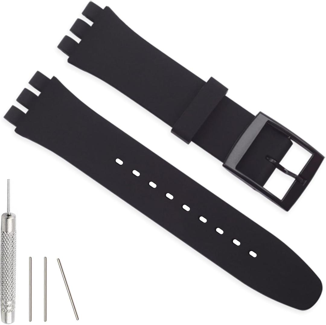 Silicone Band for Swatch 17mm 19mm 20mm, Replacement Waterproof Wristband Watch Strap for Swatch 20mm/19mm/17mm for Women Men, Black 