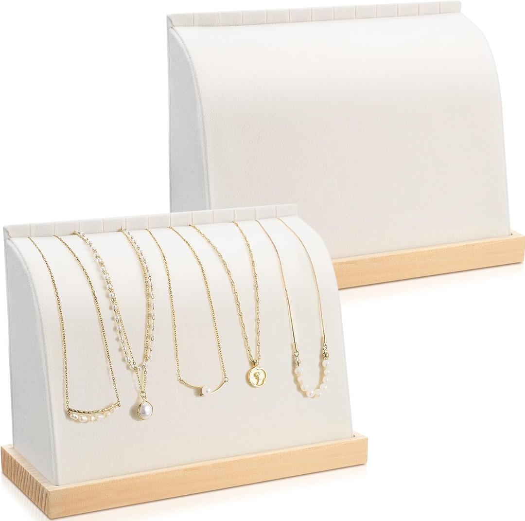RattanView 2 Pieces Cambered Wooden Necklace Display Stand with Soft Mat Necklace Holder Jewelry Display for Vendors Home Boutique Countertop Pendant Chain Chokers Organizer Pendant (Beige, Velvet)