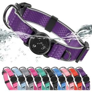 WhoseID Airtag Dog Collar | with Waterproof Air Tag Holder | QR Code Pet ID |Durable Comfortable Oxford Padded | Reflective Collar | for Outdoor Large Dogs(Purple,L,15''~24'')