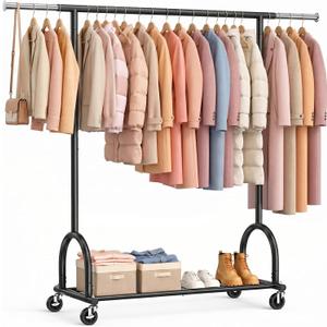 EAGMAK Heavy Duty Clothes Rack for Hanging Clothes Load 424 LBS, Height Adjustable Rolling Clothing Racks, Portable Metal Coat Rack Garment Wardrobe with Wheels and Shelves for Bedroom Laundry, Black