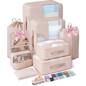 Veken 8 Set Packing Cubes for Travel, Birthday Gifts for Women Mom Her, Cruise Ship Essentials Accessories for Beach Vacation, Suitcase Organizer Bags for Luggage with Hanging Toiletry & Shoe Bag (Dutch Cream)